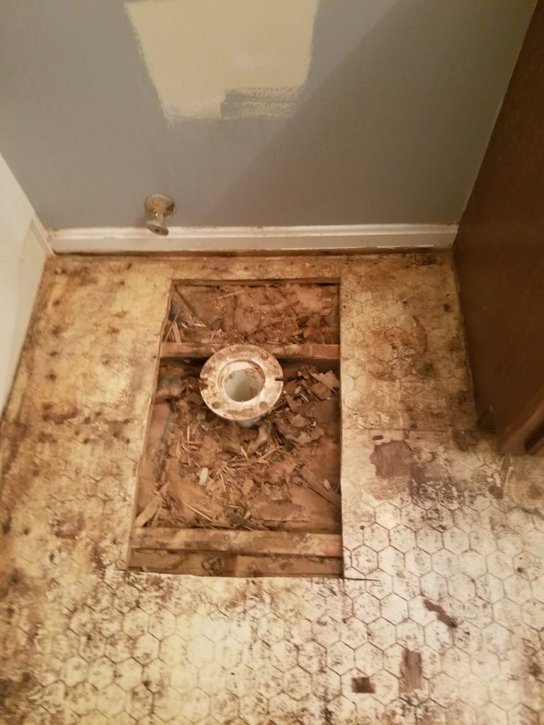 Old, tired bathroom taken to the studs before remodeling in Winchester, VA